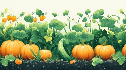 Obraz premium Autumn harvest pumpkins and zucchini in garden.