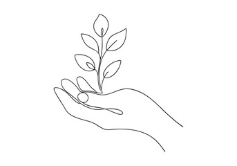 Continuous One-Line Drawing of a Hand Holding a Plant - Minimalist Nature Art