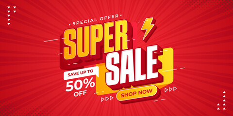 Super sale promotional banner. Super sale promo with discount offer for online shopping, special offer, voucher, website, social media advertising