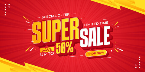 Super sale promotional banner. Super sale promo with discount offer for online shopping, special offer, voucher, website, social media advertising