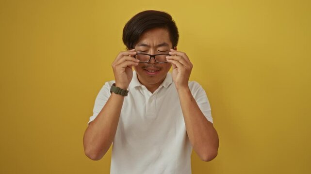 Handsome young asian man in a white shirt standing against a vibrant yellow background, smiling confidently with glasses on and gesturing with hands.