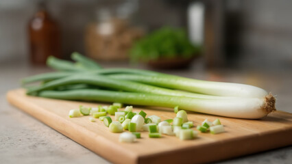 Homegrown spring onions. Onions chopped on a cutting board. Kitchen environment. Natural window light.