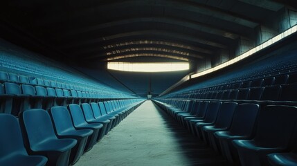 Naklejka premium A wide-angle shot of an empty stadium seating section, rows of blue seats stretching out in perfect alignment, with no one in sight
