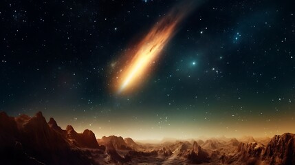 Fototapeta premium Fiery Comet Streaking Across Alien Planet Sky