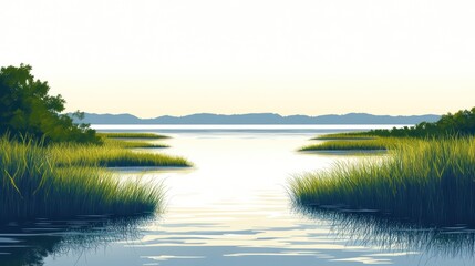Serene marsh landscape with calm water, green grasses, and distant mountains under a bright sky.