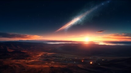 Obraz premium Majestic Sunset Landscape With Celestial Comet Across Night Sky