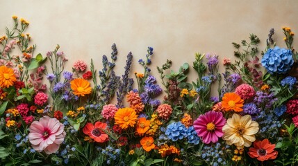 A vibrant display of various flowers with a soft beige background creating a lush colorful floral arrangement ideal for backgrounds or design elements