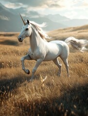 Obraz premium White Horse in Field with Mountains