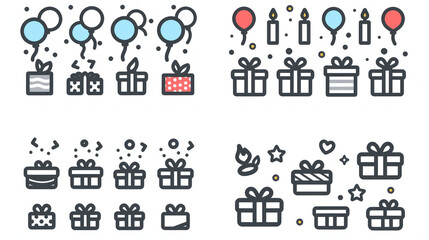 Celebratory icons featuring balloons, gifts, and candles for festive occasions