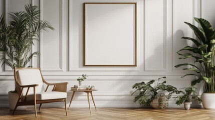 Elegant and Minimalist Living Room with Plants and Blank Frame