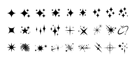 Shine icon set. Various clean stars in black color on white background. Sparkle star icons design