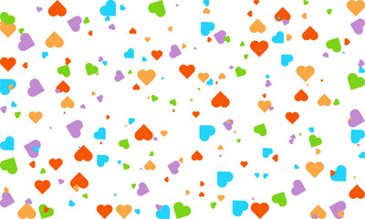 Heart Symbol on white background with spread confetti styel, Random colored heart shaped Spread confetti design. celebration template.