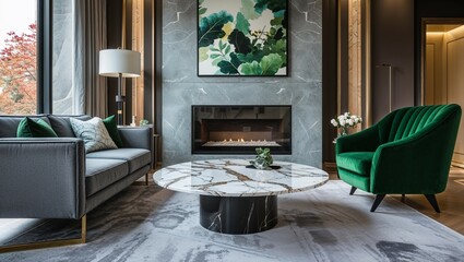 A modern living room interior features a fireplace, plush sofa, and stylish decor