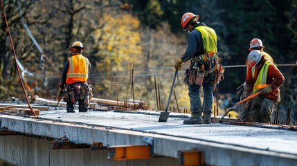 Workers in safety vests repairing a bridge, using tools to smooth fresh concrete while suspended over a river