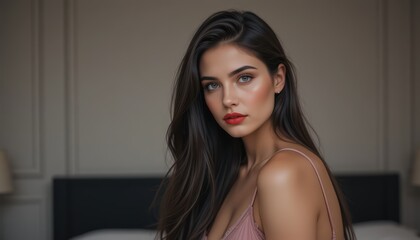 Portrait of a Stunning Woman with Long Dark Hair and Red Lipstick