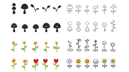 Cute illustrations of flowers, mushrooms, and plants in various styles