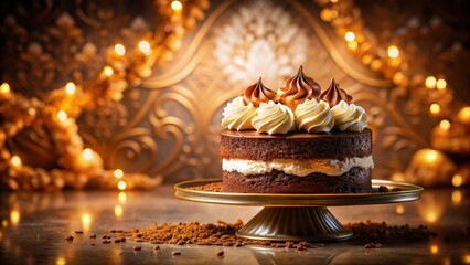 Delicious Chocolate Layer Cake with Whipped Cream and Chocolate Decorations on Elegant Cake Stand, Festive Background