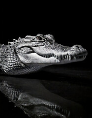 Obraz premium Front of Crocodile in style of black and white, monochrome photography. Fine art print. Close-up moody portrait of Crocodile face with dramatic contrast and depth. Fine art photography portrait.