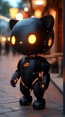 Illuminated robotic cat on city street.