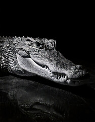 Obraz premium Front of Crocodile in style of black and white, monochrome photography. Fine art print. Close-up moody portrait of Crocodile face with dramatic contrast and depth. Fine art photography portrait.