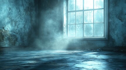 Fototapeta premium Moody Blue-Toned Interior with Grunge Textures and Light Rays Streaming Through Window