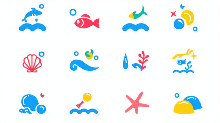 Colorful marine icons featuring fish, shells, and bubbles