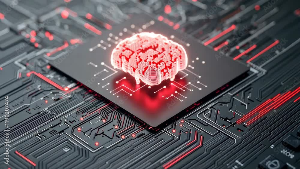 Aufkleber digital brain concept on circuit board background in red and black color palette