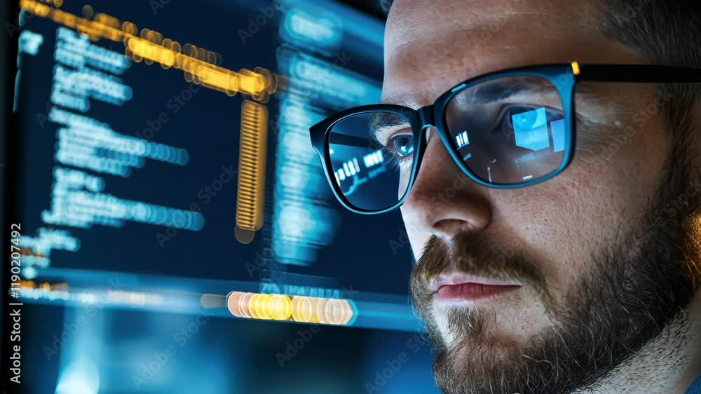 Poster focused male programmer analyzing code on computer screen in dark environment