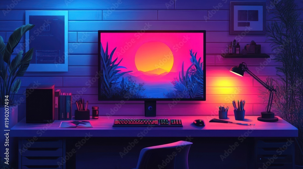 Poster neon-lit workspace with computer displaying vibrant sunset artwork.