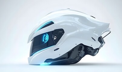 Futuristic white helmet with blue lights, side view.