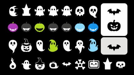 Obraz premium Halloween icons including ghosts, pumpkins, and bats for festive designs