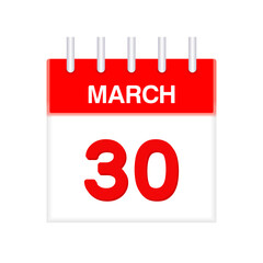 March 30 - calendar and Time planner. Daily Calendar Icon reminder. Vector Illustration.