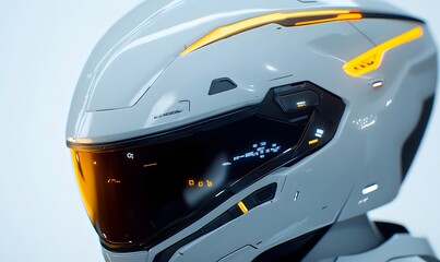 Fototapeta premium Futuristic white helmet with orange accents and digital display.