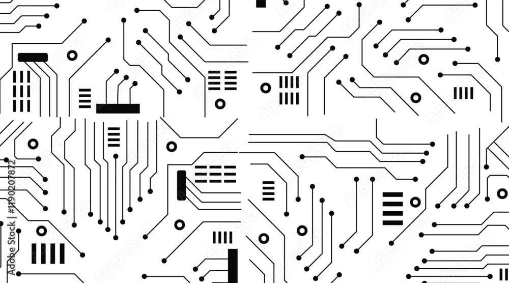 Poster microchip board seamless pattern, vector background. circuit board technology electronics wallpaper 