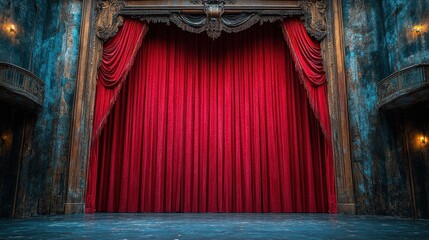Grand red velvet theater curtain on a vintage stage.