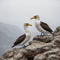 Fototapeta premium A pair of Masked Boobies perched on a rocky ledge with a white background.