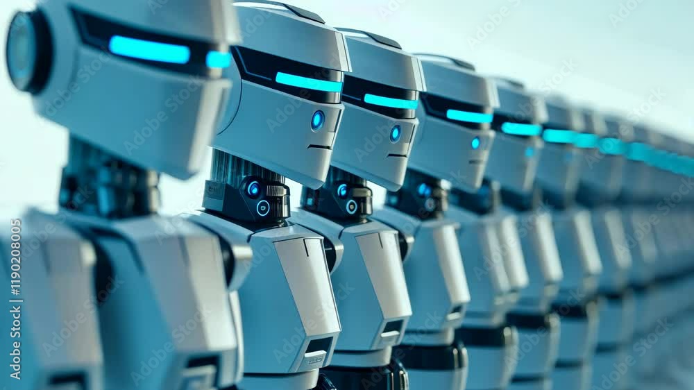 Poster futuristic robots in a row with blue led accents and sleek design