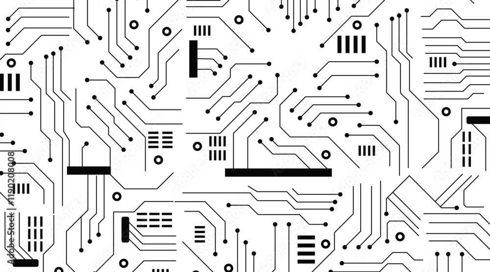 Poster electronics board. circuit board electronic hi tech pattern. black monochrome background. vector abs