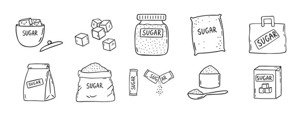 sugar doodle hand drawn icon set. Outline drawing sugar packaging, sugar cubes line clipart symbol collection