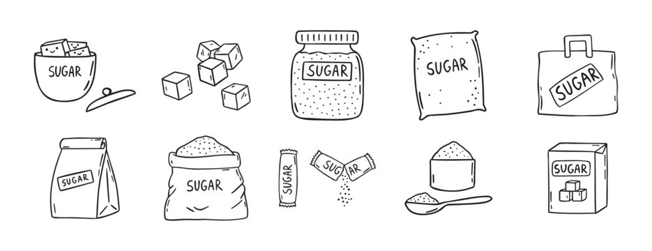 sugar doodle hand drawn icon set. Outline drawing sugar packaging, sugar cubes line clipart symbol collection