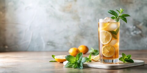 Fototapeta premium Refreshing Iced Tea with Lemon and Mint in Tall Glass on Wooden Board