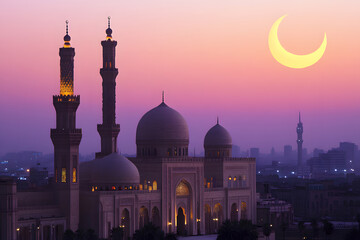 Obraz premium Ramadan background with crescent, stars and glowing clouds above mosque on mountains. Month of Ramadan is that in which was revealed Quran. Mixed media image. 