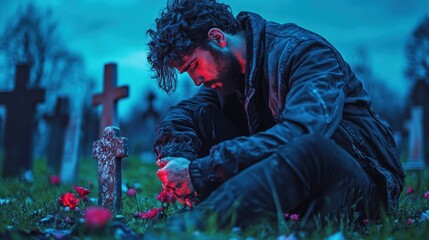 Fototapeta premium Grieving Man at Cemetery with Angelic Presence