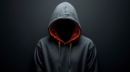 Faceless person in a dark grey hoodie with an orange lining against a black background.