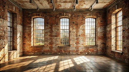 Sunlit Industrial Brick Room with Large Windows and Wooden Floor