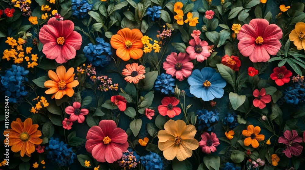 Poster a lush botanical artwork featuring a vibrant array of colorful flowers and verdant leaves in an intr