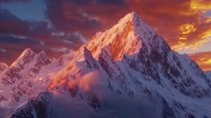 Panoramic view to summit snow peaks with beautiful light after sunset.