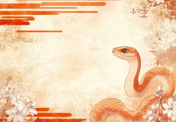 Obraz premium Serene Copper Snake: Watercolor Floral Asian Art