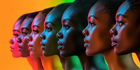 Obraz premium Colorful unity of diverse women portrait. Women reflect beauty and elegance, showing cultural diversity. Representation of pride, empowerment and identity, vibrant photography, modern aesthetic,