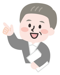 指差しで教えるシニア男性